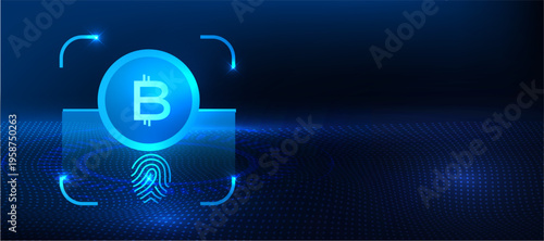 Cryptocurrency security concept with digital coin, fingerprint scan and secure access icon on blue technology background. Blockchain system for identity verification, secure transactions and digital f