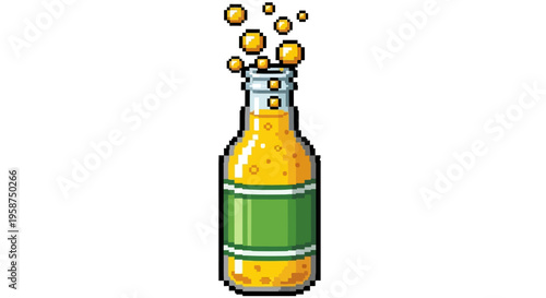 Pixel Art Bottle of Orange Soda with Bubbles.