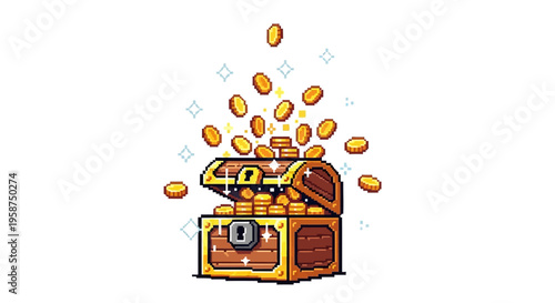 Pixel Art Treasure Chest Overflowing with Gold Coins.
