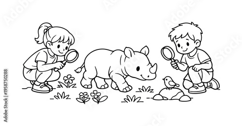 Rhino calf with kids holding magnifying glasses, observing a baby rhino walking slowly, small plants, flowers, and a tiny bird