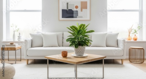 Modern Living Room Interior With Plush White Sofa And Natural Wood Accents