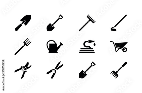 Collection of essential gardening tools and equipment icons for outdoor work