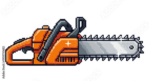 Pixel Art Chainsaw Tool for Woodcutting and Forestry.