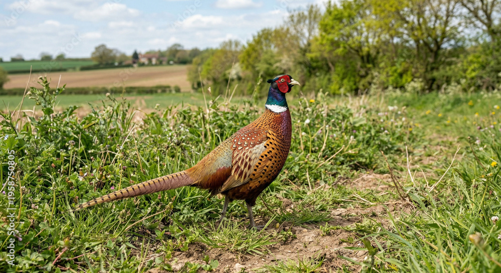 Fototapeta premium Colorful male pheasant in green grass portrait