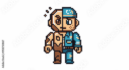 Pixel Art Character Split Between Two States.