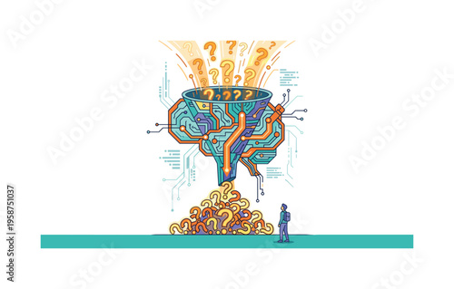 Abstract brain processing questions through a funnel into a pile of answers