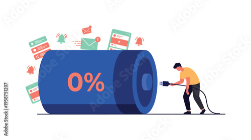 Man plugging in a giant battery with 0% charge and social media notifications