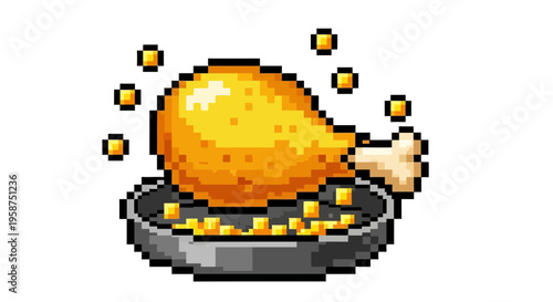Pixel Art Fried Chicken Drumstick on Plate.