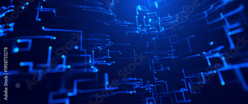 Digital Transformation Background With Glowing Neon Data Connection Lines and Abstract Particle Flow Gird on Dark Blue. Smart Digital Business Solutions. Vector Illustration.
