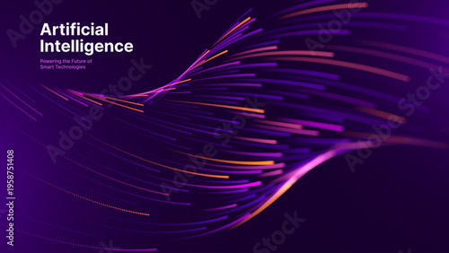 Digital Network Art Showing Purple Data Streams As Fiber Optic Lines, Conveying AI Speed And Internet Efficiency In A Clean Tech Composition.