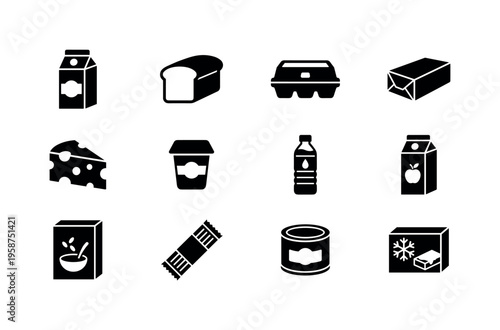 Collection of black and white grocery product icons on a white background