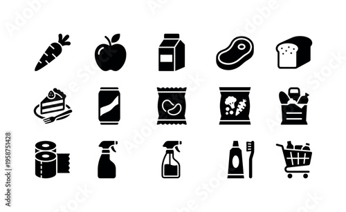 Collection of grocery and household item icons for shopping lists and commerce