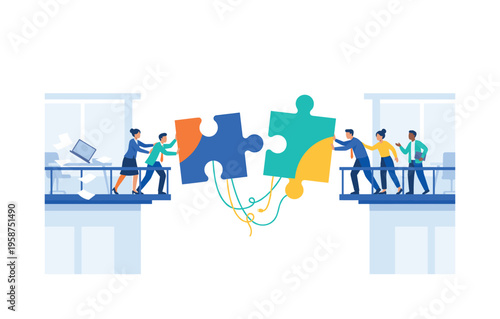 Teamwork and collaboration to connect puzzle pieces in a modern office setting