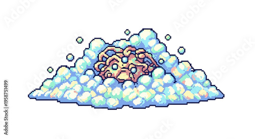 Pixel Art Brain Emerging from Bubbles.