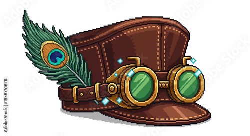 Steampunk Hat with Goggles and Peacock Feather.