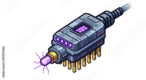 Futuristic Digital Connector With Glowing Purple Lights.