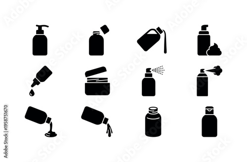 Collection of black icons representing various cosmetic and personal care product containers