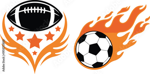 Dynamic sports icons of a football and soccer ball with fiery flames and stars