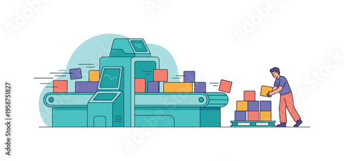 Automated conveyor belt system efficiently moving and stacking colorful blocks with a worker