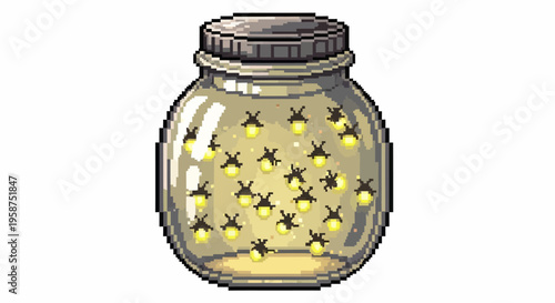 Pixel Art Jar Filled With Glowing Fireflies.