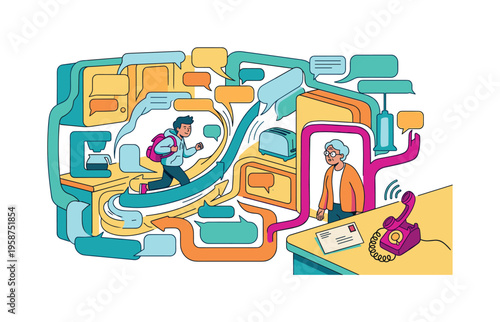 Young person navigating a maze of communication bubbles and household objects