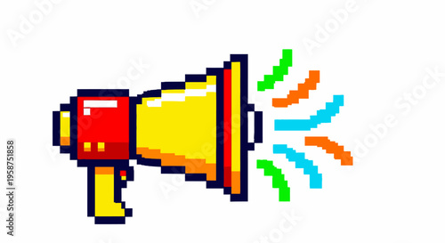 Pixel Art Megaphone Emitting Colorful Sound Waves.