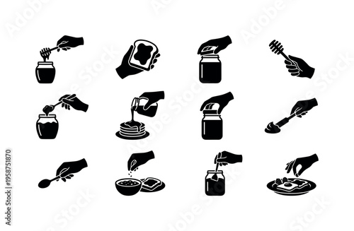 Collection of hands preparing food with honey and breakfast items