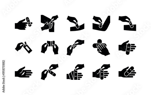 Collection of icons showing how to apply a bandage to different body parts