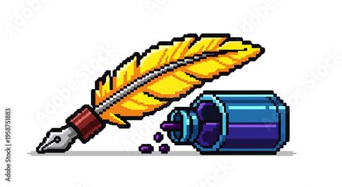 Pixel Art Quill Pen and Ink Bottle Illustration.