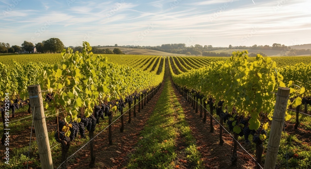 Obraz premium Vineyard Landscape with Rows of Green Grapevines Under Bright Sunlight