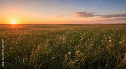 Serene Sunset Over Expansive Meadow with Tall Grass and Gentle Clouds