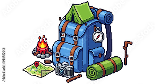 Camping Backpack and Outdoor Adventure Gear Illustration.