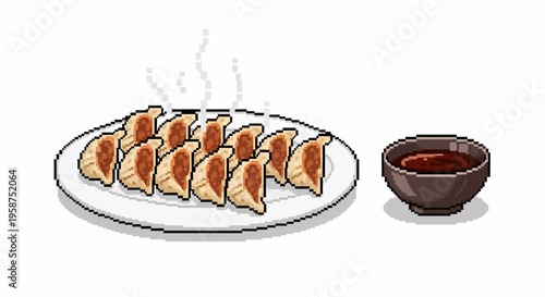 Delicious Pan Fried Dumplings Served with Dipping Sauce.
