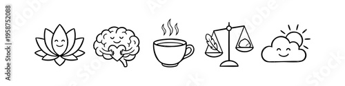Hand-drawn doodle icons for mindfulness and mental health, featuring a smiling lotus, brain holding a heart, hot tea, balance scales, and a happy sun cloud. Minimalist line art illustration.
