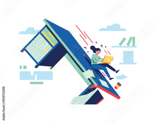 Woman working on laptop as desk collapses around her in abstract chaos