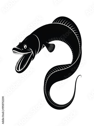 Black silhouette of a snake- like fish with open mouth vector illustration EPS PNG file