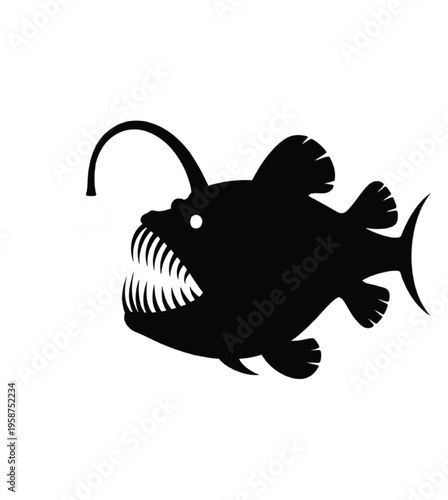 Black silhouette of an anglerfish with sharp teeth and lure vector illustration EPS PNG file