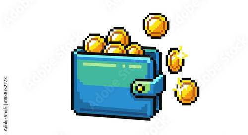 Pixel Art Blue Wallet Overflowing with Golden Coins.