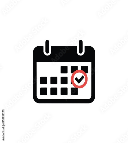 Black and white calendar with red checkmark date vector illustration EPS PNG file