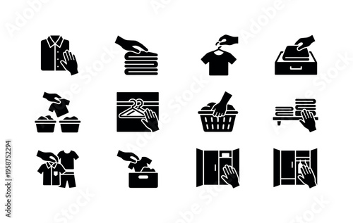 Collection of icons depicting various laundry and clothing care tasks
