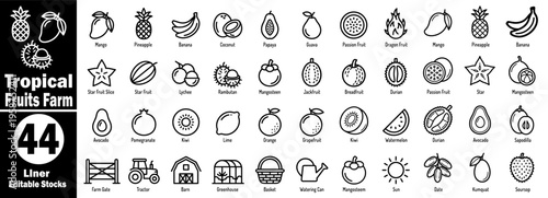Tropical fruits farm liner editable stroke icons. Isolated on a transparent background includes mango, pineapple, banana, coconut, papaya, and guava vector illustration.