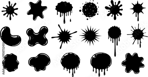 Black ink blots. Black paint splatters and drips in organic splashes. Contrast, playful, bold abstract graffiti spots for kids art blobs, comics, pop art design. Vector isolated set. Transparent EPS.