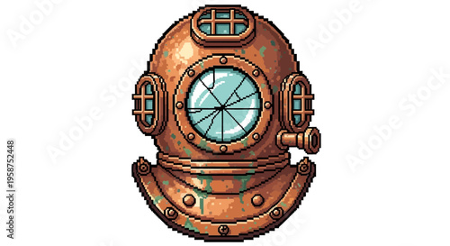 Vintage Copper Diving Helmet with Cracked Glass.