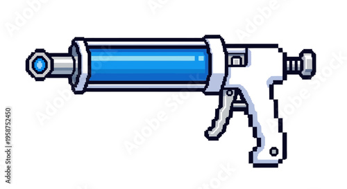 Pixel Art Syringe Gun with Blue Liquid.