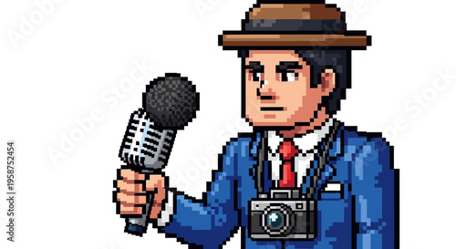Pixel Art Journalist Holding Microphone and Camera.