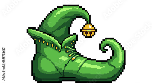 Pixel Art Green Elf Boot with Jingle Bell.