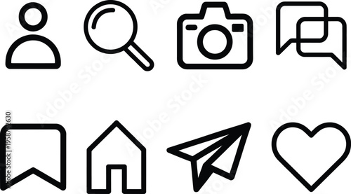 Collection of eight simple black and white icons representing various functions and concepts