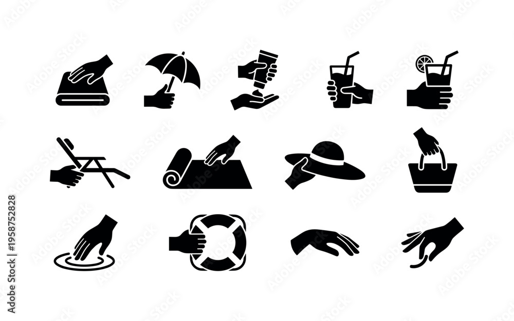 Obraz premium Collection of hands performing various summer activities and beach essentials