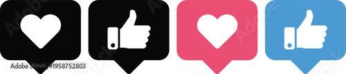 Popular social media reaction icons with heart and thumbs-up symbols in speech bubbles