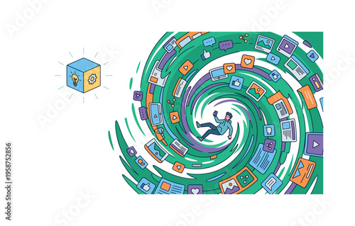 Man falling into a digital vortex of social media and content creation elements